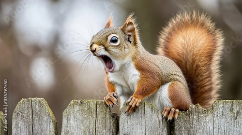 a red squirrel chittering angrily, perched on the edge of a wooden fence. photo