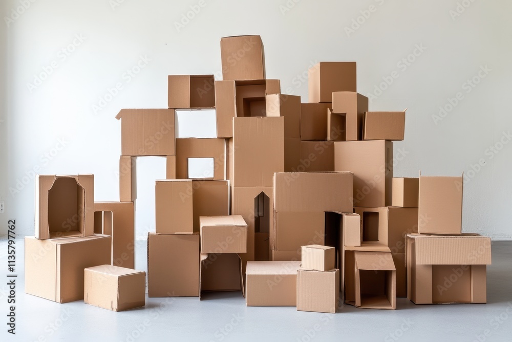 Cardboard boxes stacked high create a unique structure