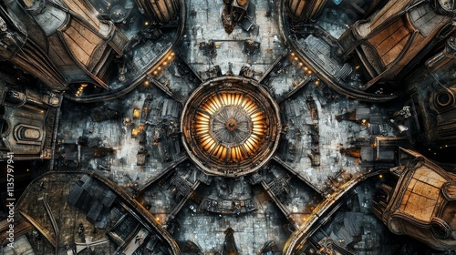 A top-down view of a gothic, steampunk skyport in winter with skyships, markets, shops, and stained glass churches, featuring ornate designs and a grim, horror-inspired, elegant atmosphere. photo