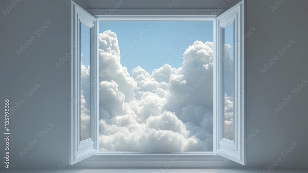Open window revealing fluffy clouds in bright blue sky Open window revealing fluffy clouds in bright blue sky