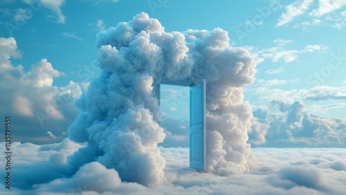 Fototapeta Naklejka Na Ścianę i Meble -  Cloudy doorway leads to an ethereal sky in a dreamlike landscape