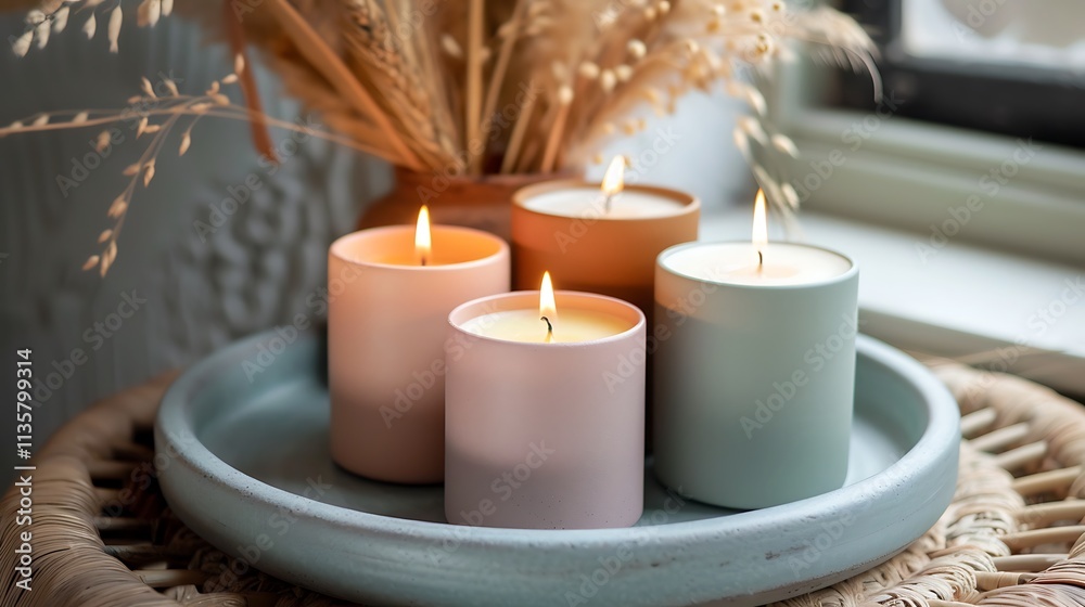 Crafted candles in light colours on a pottery tray Crafted candles in light colours on a pottery tray