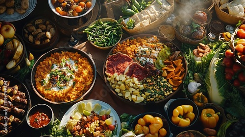 An atmospheric World Food Day tableau with diverse food dishes and sustainable farming practices against a bustling market backdrop, close-up shot, Culinary style photo