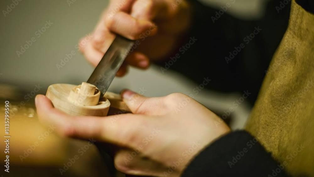 Luthier carefully carving wood for violin making Luthier carefully carving wood for violin making