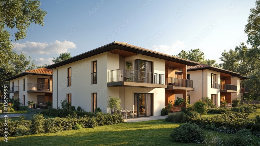 Modern residential building surrounded by lush greenery in sunlight Modern residential building surrounded by lush greenery in sunlight