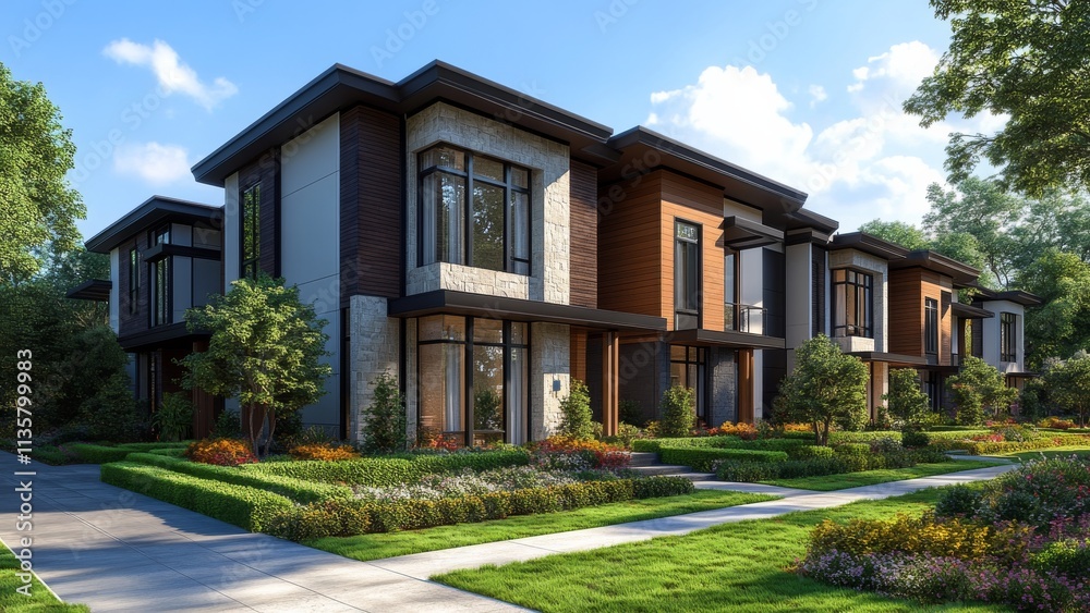 Modern architecture of luxury homes in a serene neighborhood setting Modern architecture of luxury homes in a serene neighborhood setting