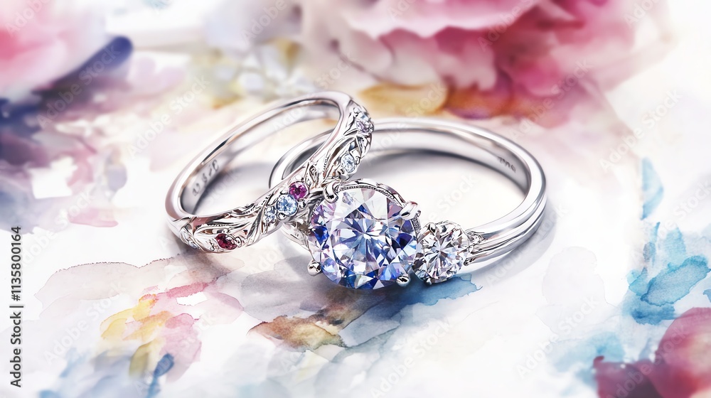 Elegant silver rings with intricate designs on a floral watercolor background. Elegant silver rings with intricate designs on a floral watercolor background.
