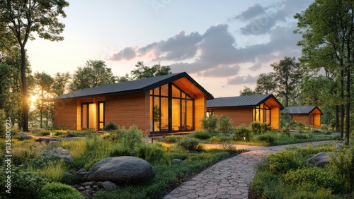Cozy wooden cabins nestled in a serene forest at sunset