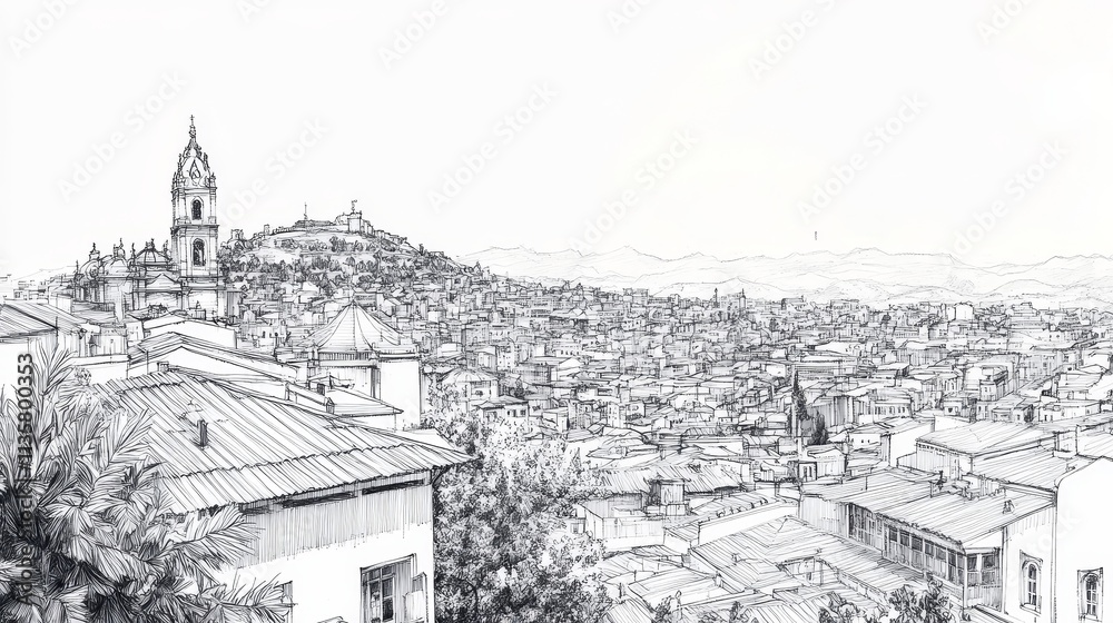 Obraz premium Intricate ink illustration of Quito, Ecuador showcasing its colonial architecture, vibrant cityscape, landmarks like the Basilica del Voto Nacional, and Panecillo hill, reflecting rich cultural histor