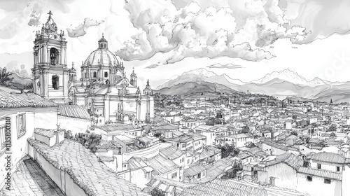 Intricate ink illustration of Quito, Ecuador showcasing its colonial architecture, vibrant cityscape, landmarks like the Basilica del Voto Nacional, and Panecillo hill, reflecting rich cultural histor photo