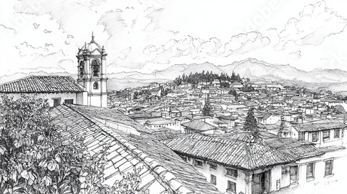 Intricate ink illustration of Quito, Ecuador showcasing its colonial architecture, vibrant cityscape, landmarks like the Basilica del Voto Nacional, and Panecillo hill, reflecting rich cultural histor