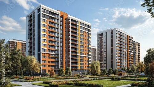 Modern residential buildings surrounded by greenery in urban area