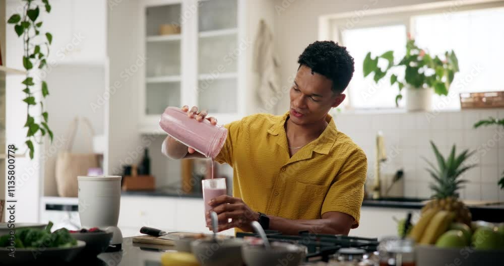 Man, happy and smoothie in kitchen for wellness, nutrition or protein shake for weight loss. Fitness person, supplement drink or smile in home for diet control, healthy body or morning detox for care Man, happy and smoothie in kitchen for wellness, nutrition or protein shake for weight loss. Fitness person, supplement drink or smile in home for diet control, healthy body or morning detox for care