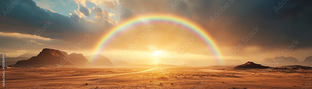 Majestic rainbow arching over a vast desert landscape during sunset. Majestic rainbow arching over a vast desert landscape during sunset.