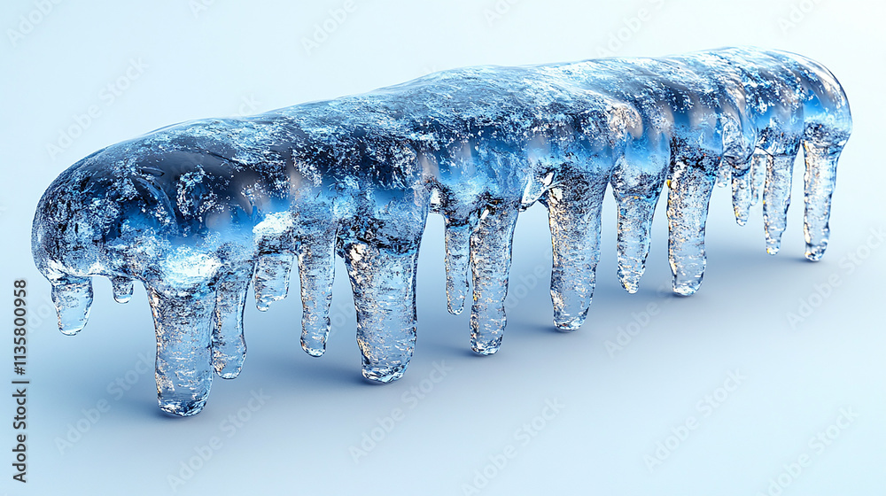 Many icicles hang from a snowy edge against a gray background. Many icicles hang from a snowy edge against a gray background.