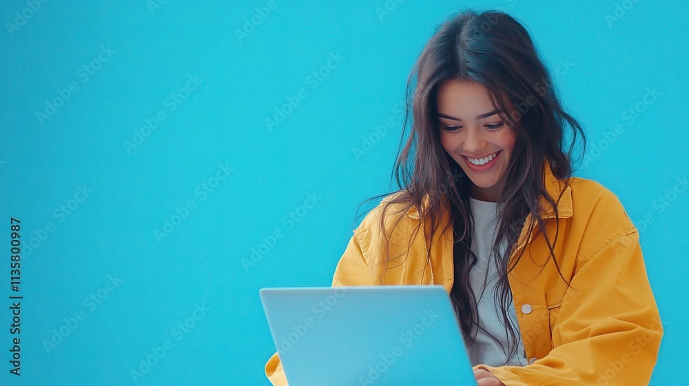 Cheerful Young Woman Smiling While Using a Laptop Against Blue Background Cheerful Young Woman Smiling While Using a Laptop Against Blue Background
