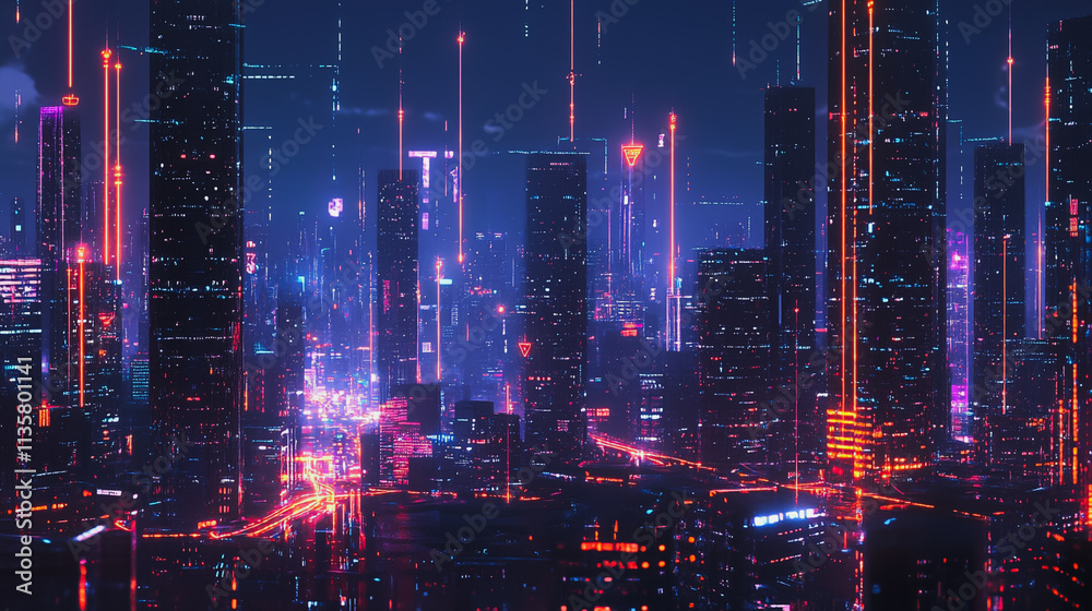 Fototapeta premium Smart digital Innovation city with connection network reciprocity over the cityscape. of future smart wireless digital city and social media networking systems that connects people with in city