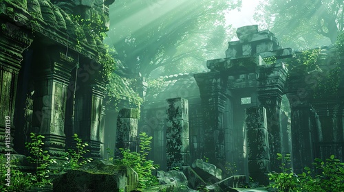 A jungle temple with stone pillars and foliage overgrown.