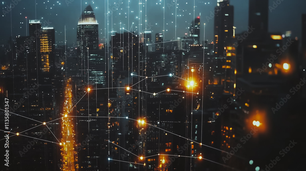 Obraz premium Smart digital Innovation city with connection network reciprocity over the cityscape. of future smart wireless digital city and social media networking systems that connects people with in city