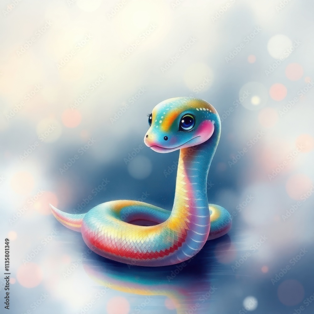 Fototapeta premium Rainbow Serpent: An adorable, colorful snake illustration. A whimsical digital painting of a cute reptile with rainbow scales.