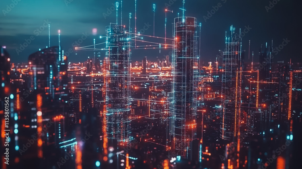 Smart digital Innovation city with connection network reciprocity over the cityscape. of future smart wireless digital city and social media networking systems that connects people with in city