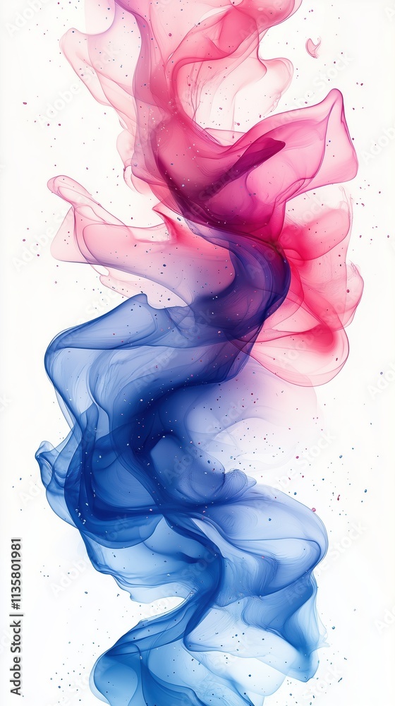 Fototapeta premium Pink and blue ink swirl on white background with copy space. Dynamic design concept