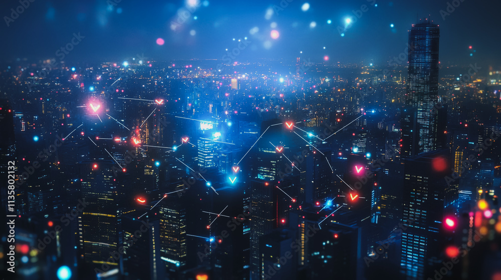 Obraz premium Smart digital Innovation city with connection network reciprocity over the cityscape. of future smart wireless digital city and social media networking systems that connects people with in city