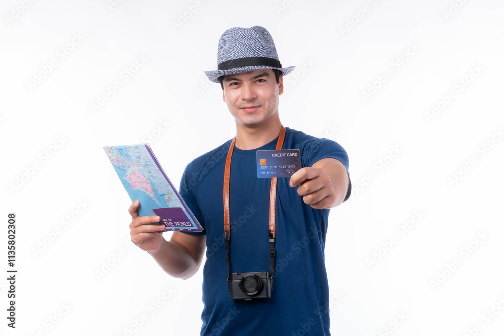Young happy male tourist wearing a hat and casual outfit, holding a credit card and a travel map, with a vintage camera hanging around his neck, isolated on white background Young happy male tourist wearing a hat and casual outfit, holding a credit card and a travel map, with a vintage camera hanging around his neck, isolated on white background