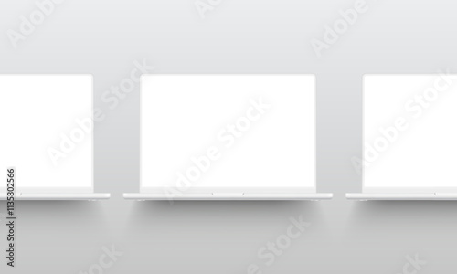 Clay Laptops Mockups With Shadows, Blank Screens. Vector Illustration