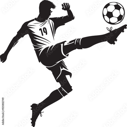Soccer player kicking ball silhouette vector art illustration