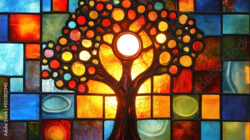 An artistic stained glass panel depicting a radiant tree against a backdrop of vivid squares and circles, glowing in sunlight.