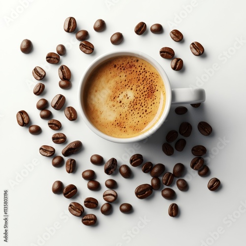 A 3D render of coffee beans scattered around a cup of espresso, isolated on a white surface