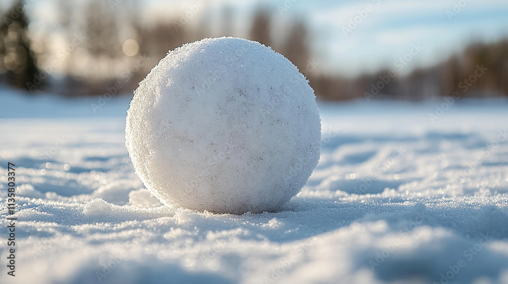 A perfect snow ball sits on a snowy ground. A perfect snow ball sits on a snowy ground.