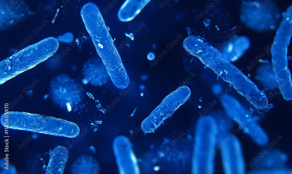 Microscopic Bacteria Cells Blue Background, High Resolution Medical Illustration Microscopic Bacteria Cells Blue Background, High Resolution Medical Illustration