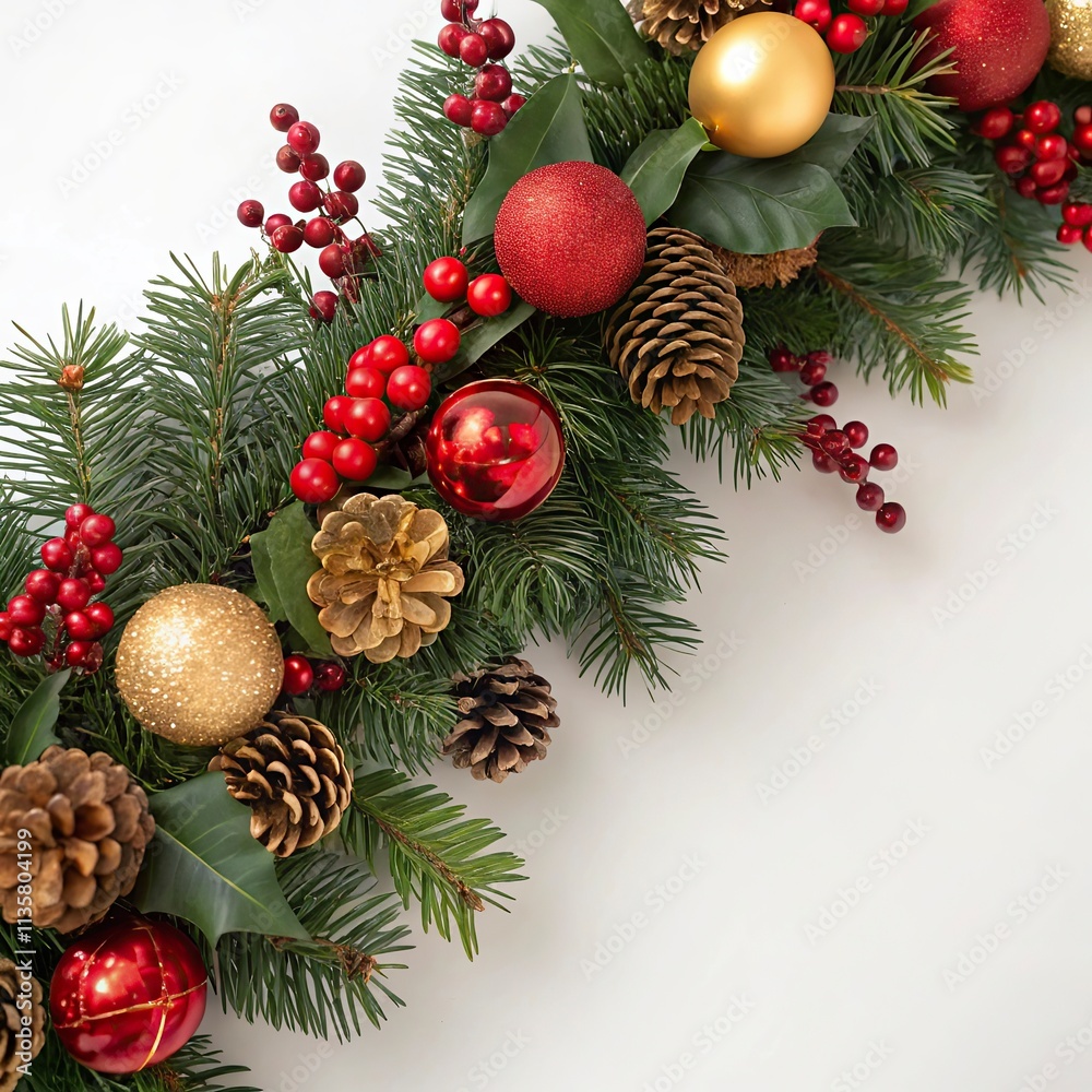 Free photo Christmas border of red green and white ornaments and branches isolated on a white background Free photo Christmas border of red green and white ornaments and branches isolated on a white background