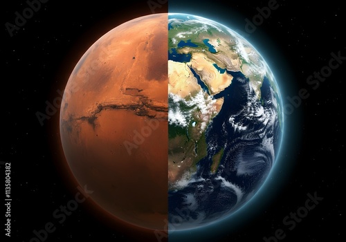 terraforming mars concept, half rocky red and half green planet