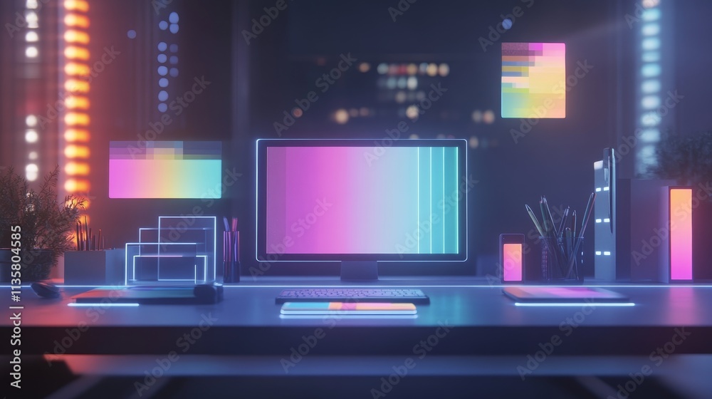 A modern workspace featuring a glowing computer setup and vibrant decor. A modern workspace featuring a glowing computer setup and vibrant decor.
