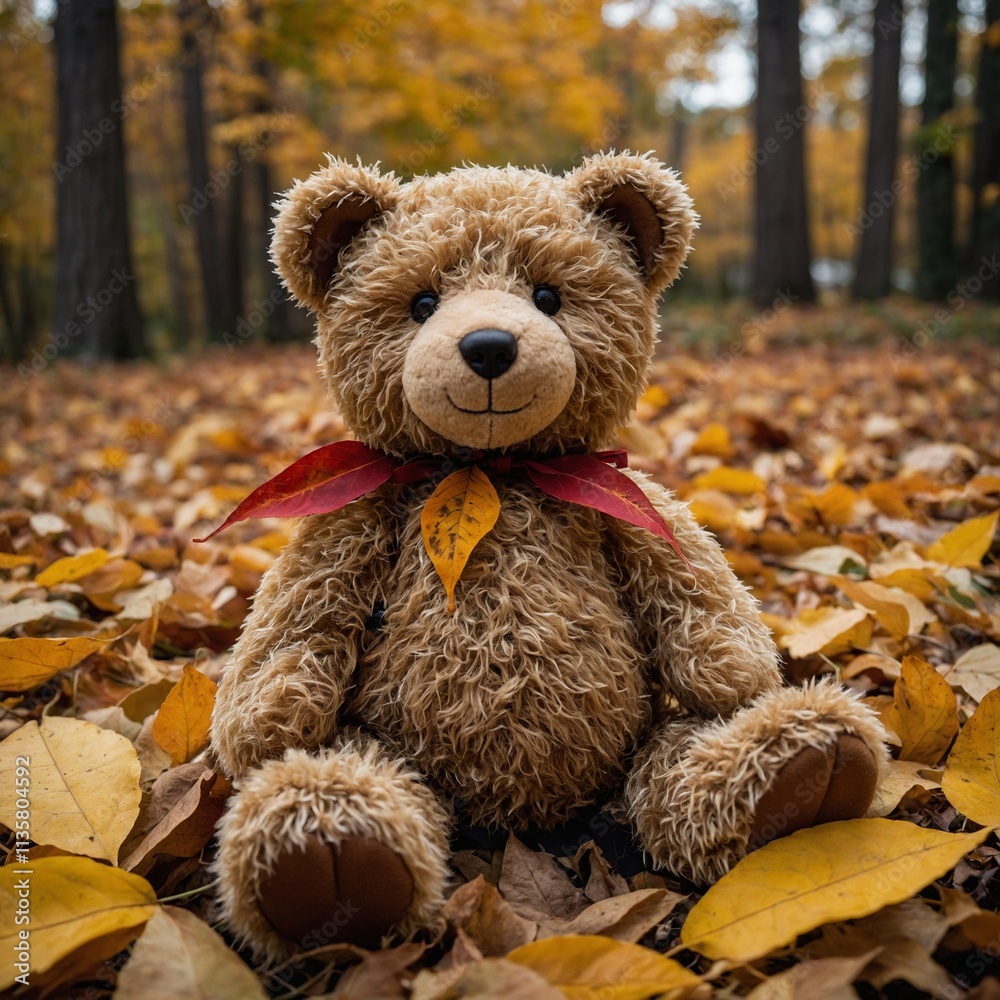 A teddy bear surrounded by autumn foliage, with orange, red, and yellow leaves swirling around it.
A teddy bear surrounded by autumn foliage, with orange, red, and yellow leaves swirling around it.