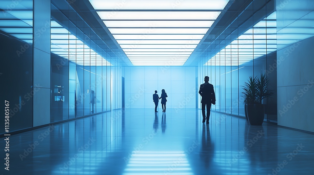 Business professionals walking through modern office space Business professionals walking through modern office space