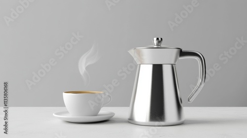 A clean and modern 3D render of a coffee pot alongside a single steaming cup, minimalistic and isolated on white