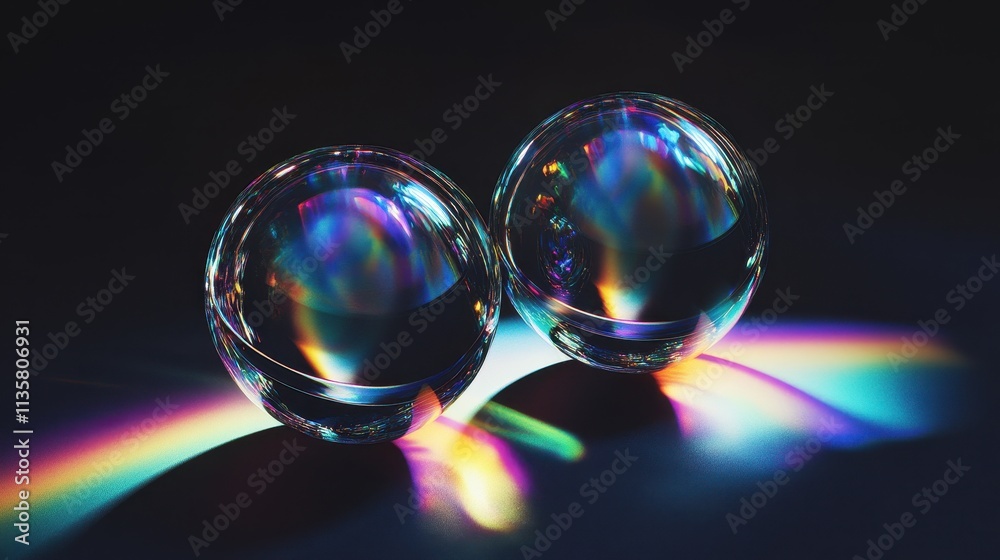 abstract colorful background with two glass balls and rainbow reflection isolated on black background