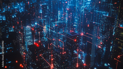 Smart digital Innovation city with connection network reciprocity over the cityscape. of future smart wireless digital city and social media networking systems that connects people with in city