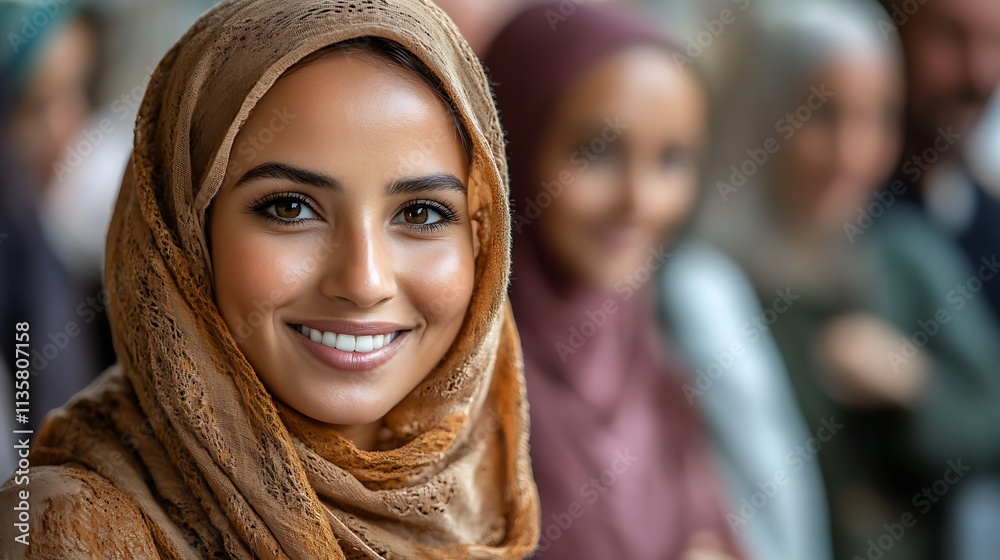 Empowering smiles women in hijabs at cultural event city portrait