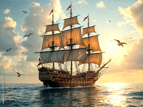 A grand wooden sailing ship journeys through tranquil seas at dusk, with billowing sails catching the sunlight, surrounded by seagulls and a serene, glowing horizon stretching into the distance.
