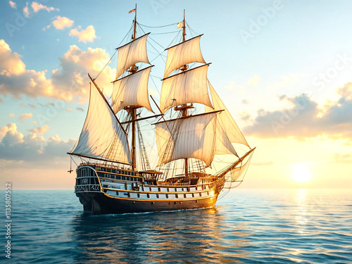 A grand wooden sailing ship journeys through tranquil seas at dusk, with billowing sails catching the sunlight, surrounded by seagulls and a serene, glowing horizon stretching into the distance. photo