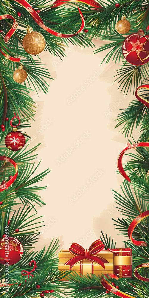 A Christmas card with a beige background, lush green pine branches framing the edges, and shiny red and gold ornaments nestled in the corners.