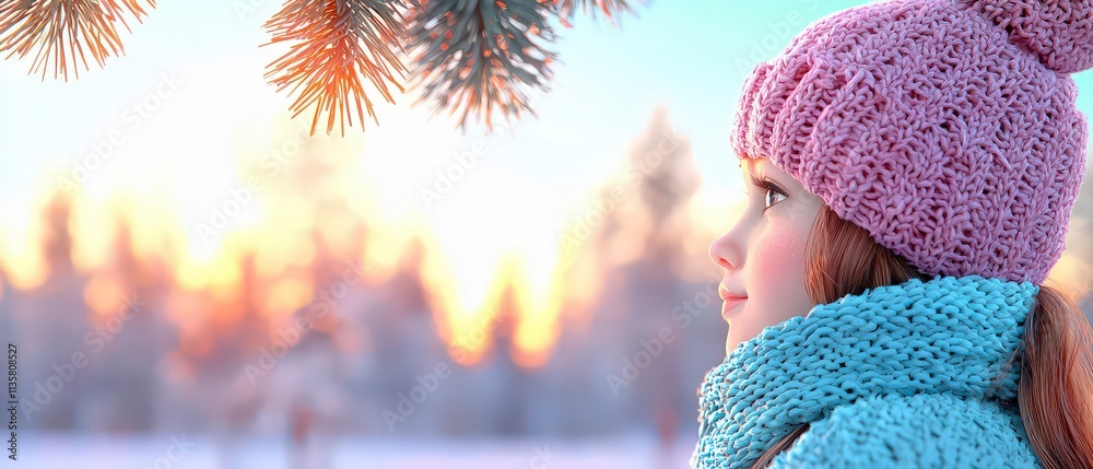 Winter Wonderland Girl in Knit Hat Scarf Sunset Fir Branches Winter Wonderland Girl in Knit Hat Scarf Sunset Fir Branches