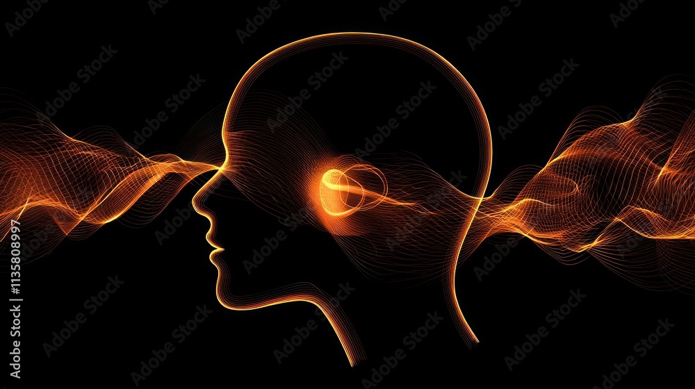 Obraz premium A graphic of a silhouette head with an ear and sound waves emanating, symbolizing the concept of listening