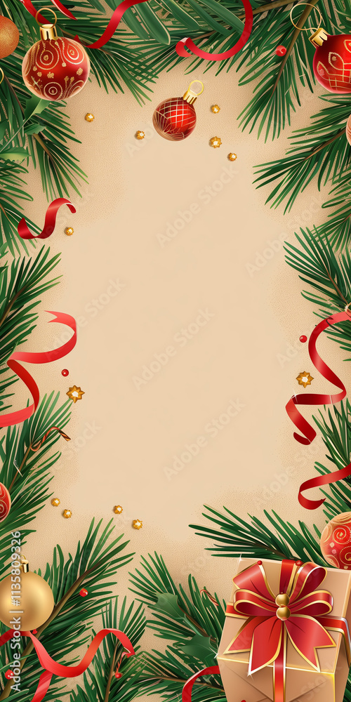 Create a warm and inviting Christmas card with a beige background surrounded by vibrant green pine branches. Create a warm and inviting Christmas card with a beige background surrounded by vibrant green pine branches.