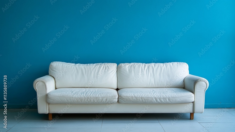 Fototapeta premium White sofa against vibrant blue wall in modern interior space